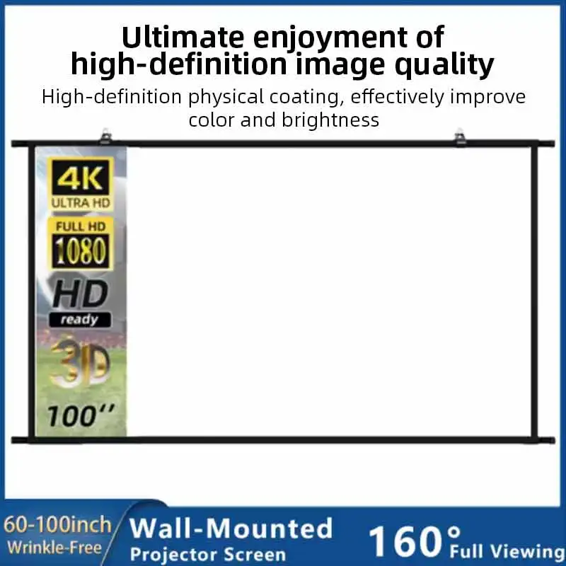 Projector Screen Wall Mounted 60-120 inch High Density White Wrinkle-Free 160° Viewing Angle Screen Home Theater Indoor