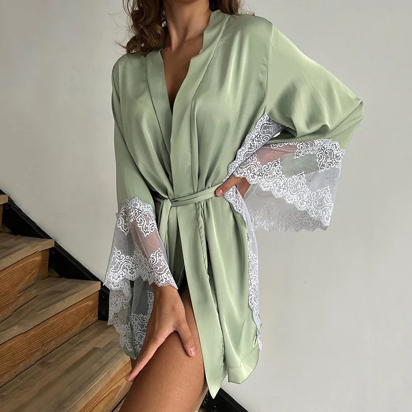 Green Lace Patchwork Nightgown Robes for Women Satin Sleepwear Long Sleeve Kimono Bathrobe Gown Spring New Nightdress Loungewear