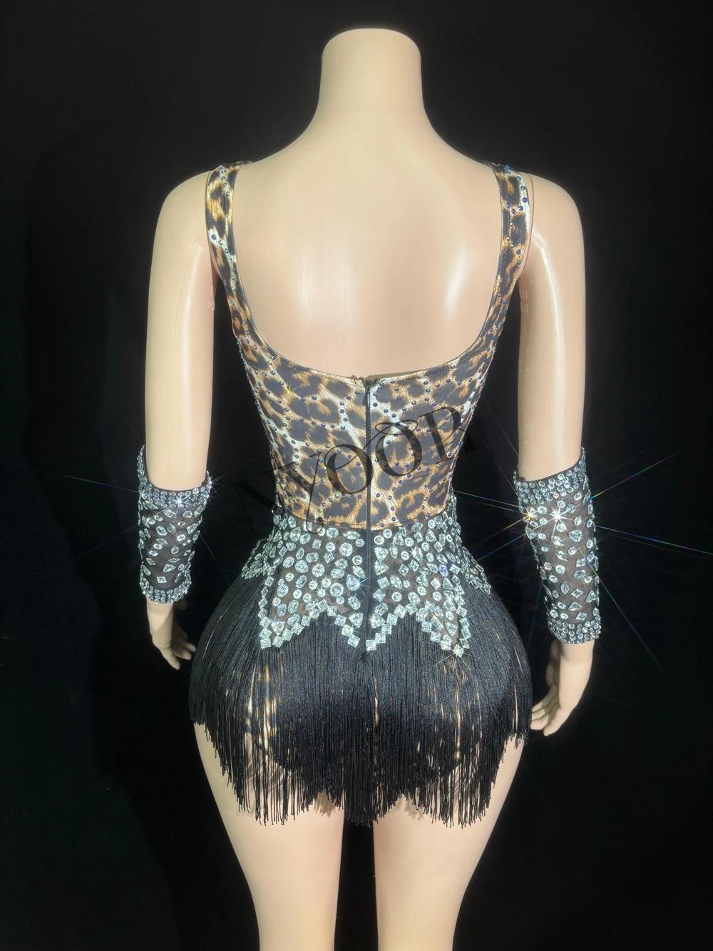 Sparkly Rhinestones Tassels Bodysuit Gloves for Women Sexy Hollow Out Performance Dance Costume Dancer Show Stage Wear