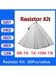 Resistor kit 0201 0402 0603 0805 1206 smd Resistor package 50values*20PCS=1000PCS 1% Sample Kit Resisor 1ohm 47ohm 1kohm 10kohm