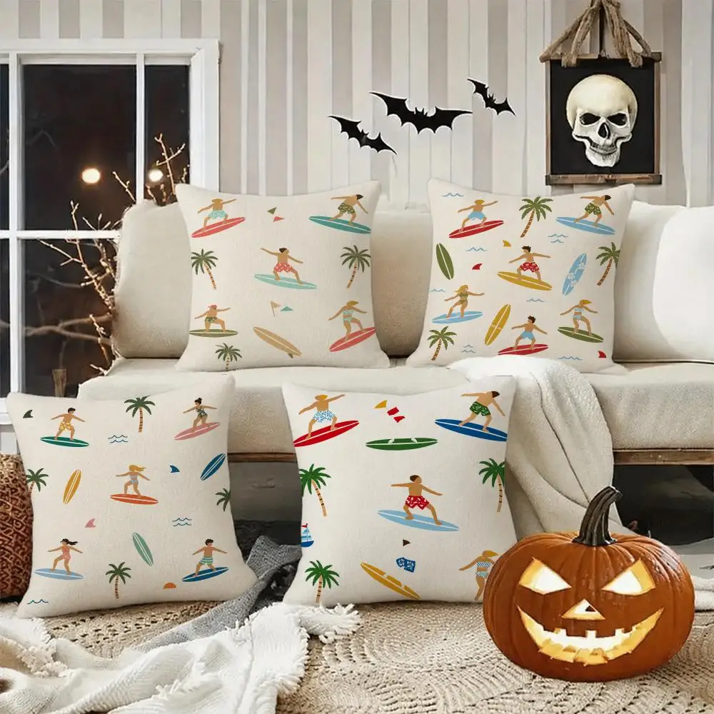 Summer Surf Beach Pattern Cushion Cover Halloween decoration trick or treat cushion cover, ghost, pumpkin head, bat decoration
