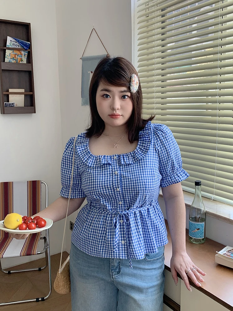 

plus Size Women's Plaid Bubble Sleeve Shirt Summer Slimming Cover up Cotton Sweet Style Fashionable Casual Top for plus Size