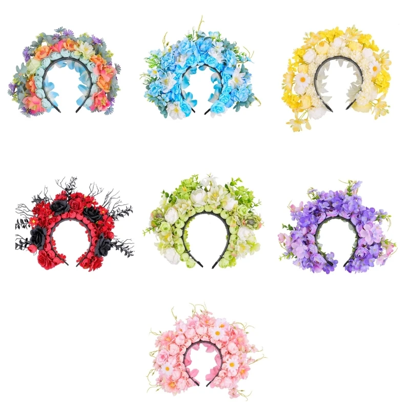 

Colorful Flower Hairband for Travel Photography Realistic Flower Headband for Girl Model Show Wedding Party Jewelry