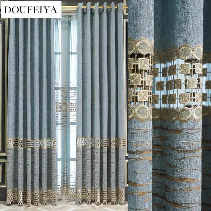 Custom Size Blue Water-soluble Hollow Embroidered Chenille European Luxury Curtains for Living Dining Room Bedroom White Tulle