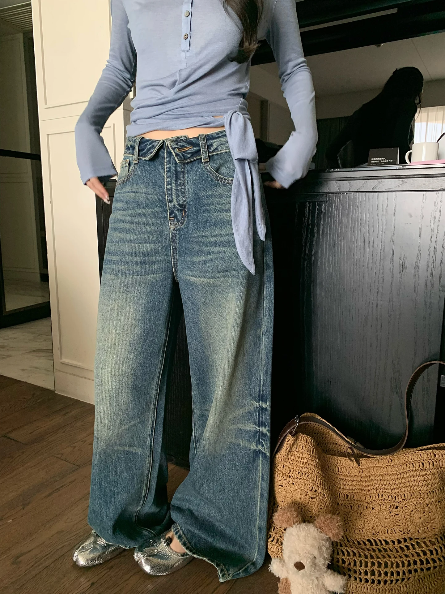 

Loose Straight Leg Jeans Women's Vintage Washed Blue Denim Casual Comfortable Breathable Spring Summer Ladies Jeans