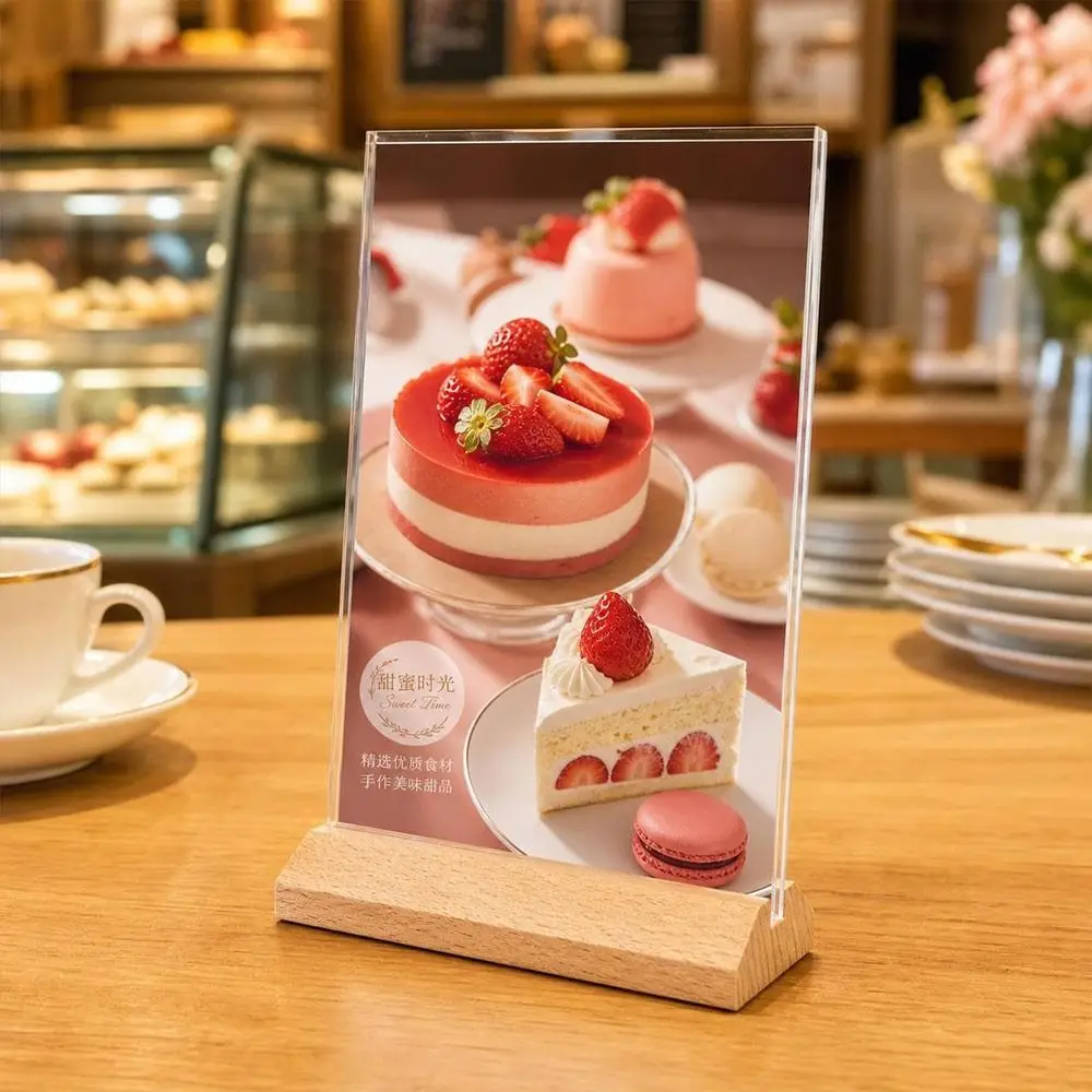 Double Sided Acrylic Sign Holder Wood Base Table Top Table Top Display Stand Creative Design Acrylic Material