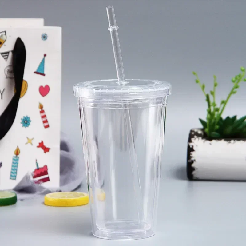 16oz/22oz Reusable Travel Ice Coffee Mugs Double Wall Insulate Clear Plastic Tumblers With Lid And Straws 1pcs,3pcs,12pcs/set