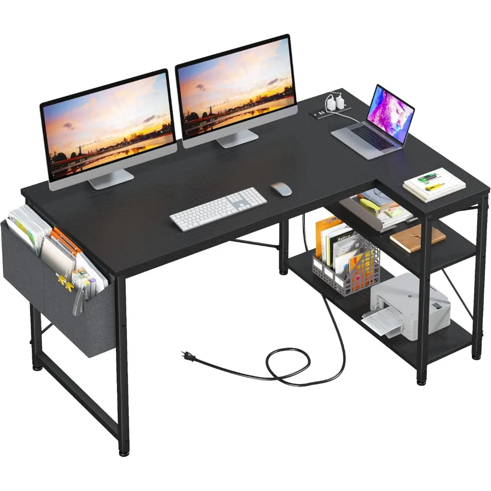 

47" Computer Desk with Power Outlets,L Shaped Desk with Storage Shelves,Home Offic Corner Desk for Work,Writing Study