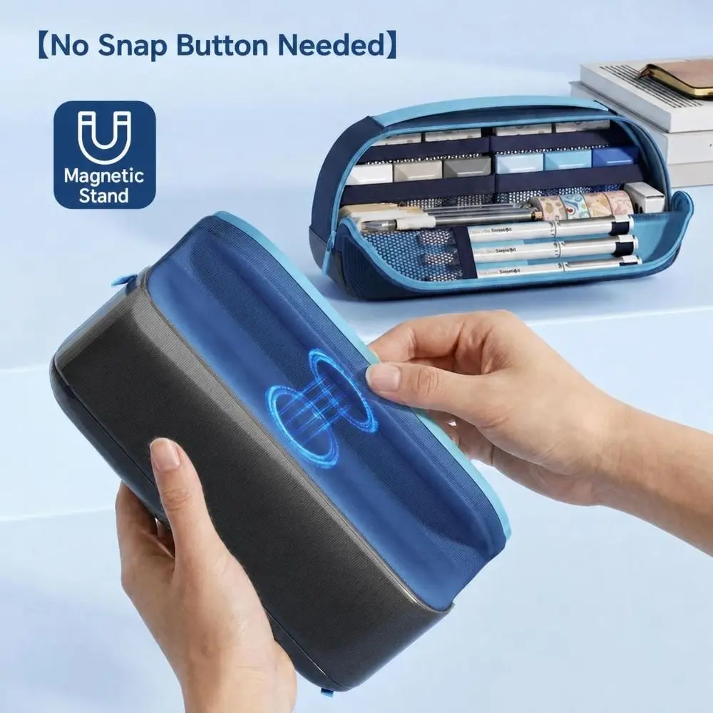 Multi-Layer Compartments Magnetic Pencil Case Carry Handle Zipper Closure Pencil Pouch Mesh Pockets Fold-Down Organizer