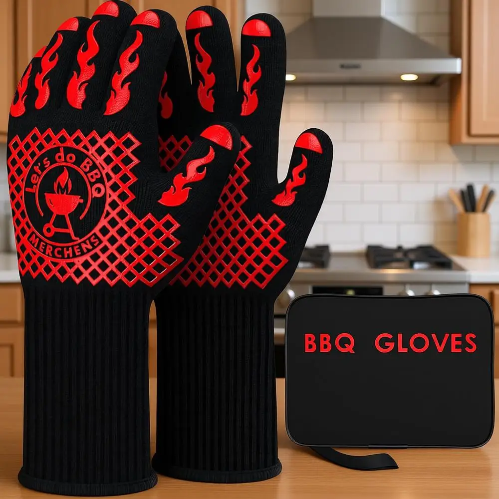 

Термостойкие перчатки для барбекю 1472 ° Силиконовые перчатки F с противоскользящим покрытием для гриля, копчения и выпечки - удлиненные, в комплекте с чехлом для хранения