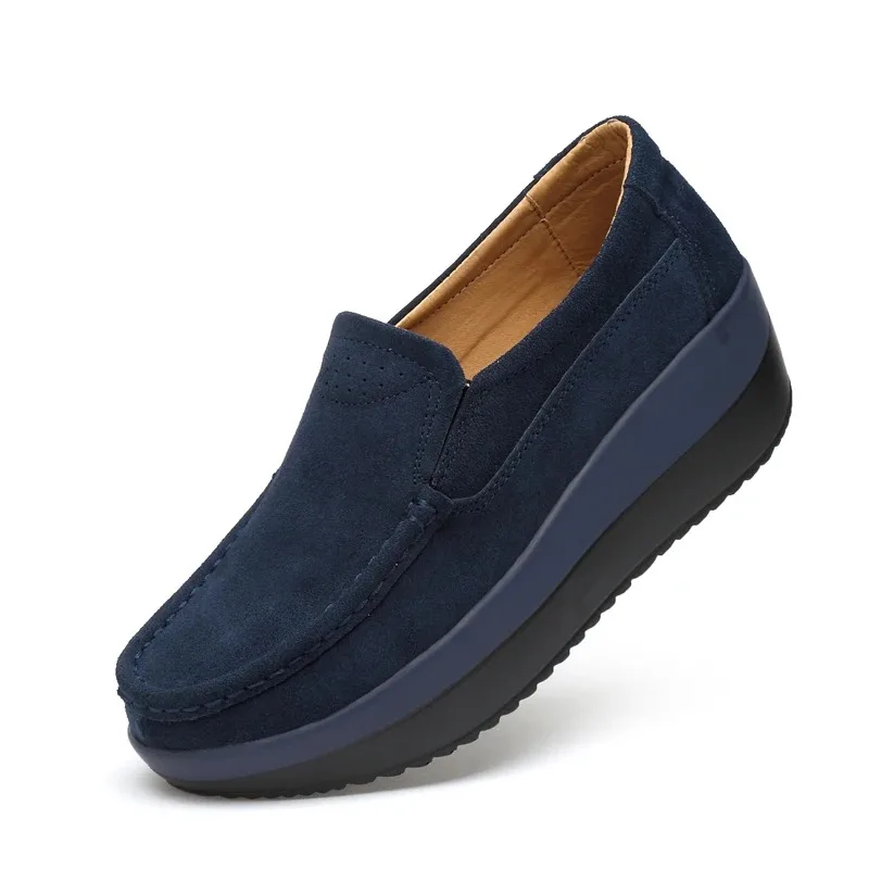 Women Flat Platform Loafers Ladies Elegant Suede Leather Moccasins Shoes Woman Slip On Moccasin Women\'s Blue Casual Shoes