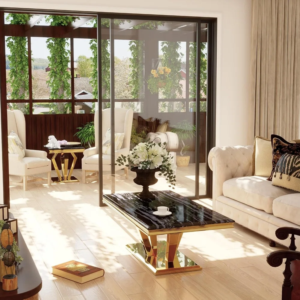 ゴールドコーヒーテーブル、黒とゴールドのコーヒーテーブル、4つの幾何学的なミラーベース付き、金属フレーム付きの長方形ティーテーブル