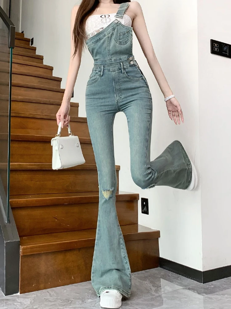 Slim Wide-Leg Flare Jeans Spaghetti Straps Denim Jumpsuit Fashionable High Street Autumn Women's Trousers