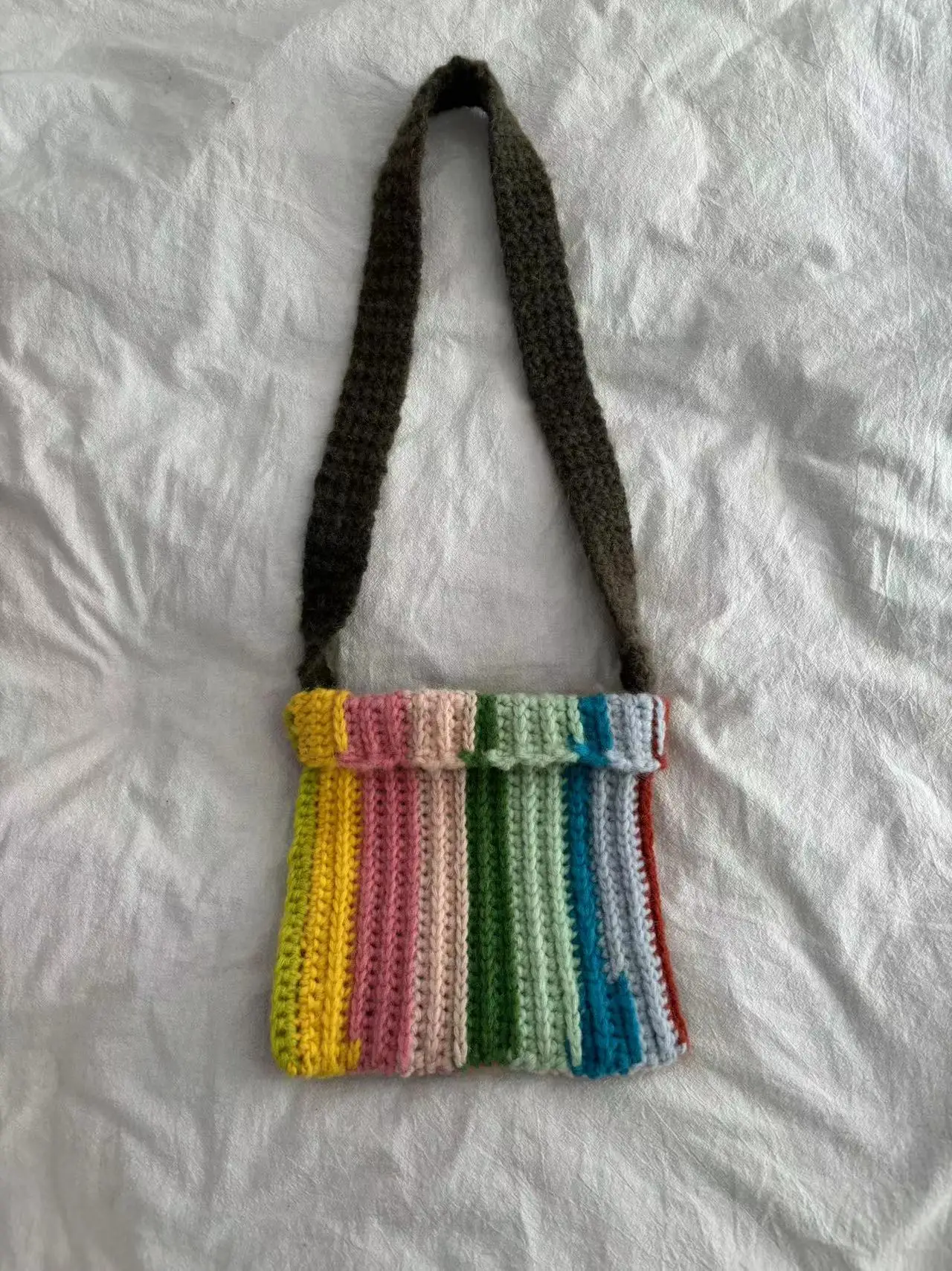 Rainbow Colored Shoulder Bag for Women and Girls, Knitted Backpack, Handmade Crochet Bag, New, Autumn and Winter, 2024