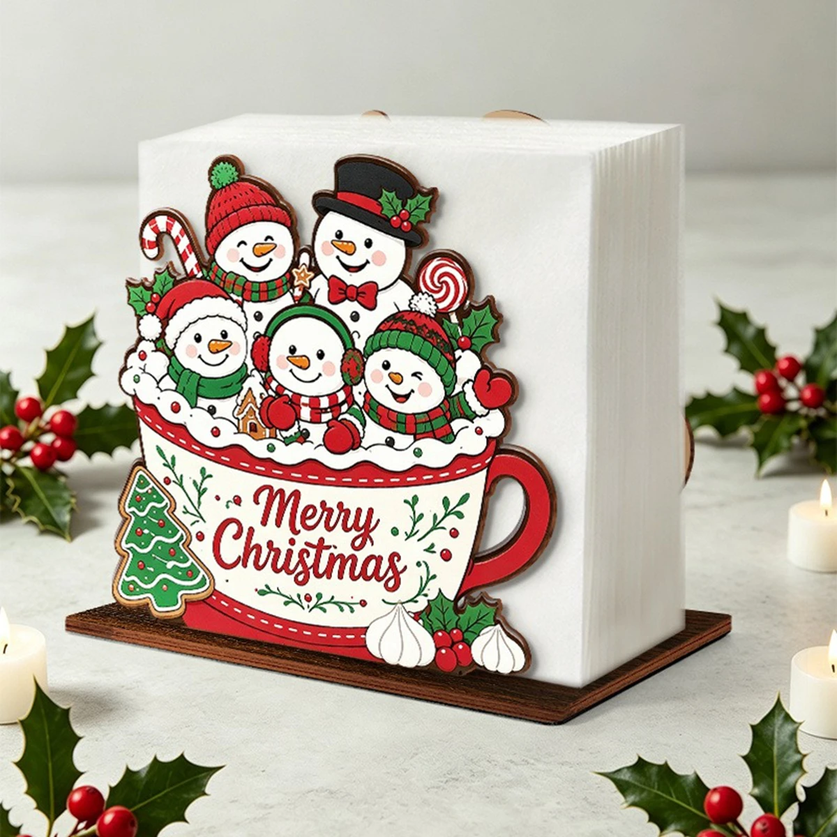 Christmas Wooden Napkin Holder Cute Snowman Family Cup Pattern Tissue Holder Xmas Tabletop Serviette Storage Rack Holiday Decor