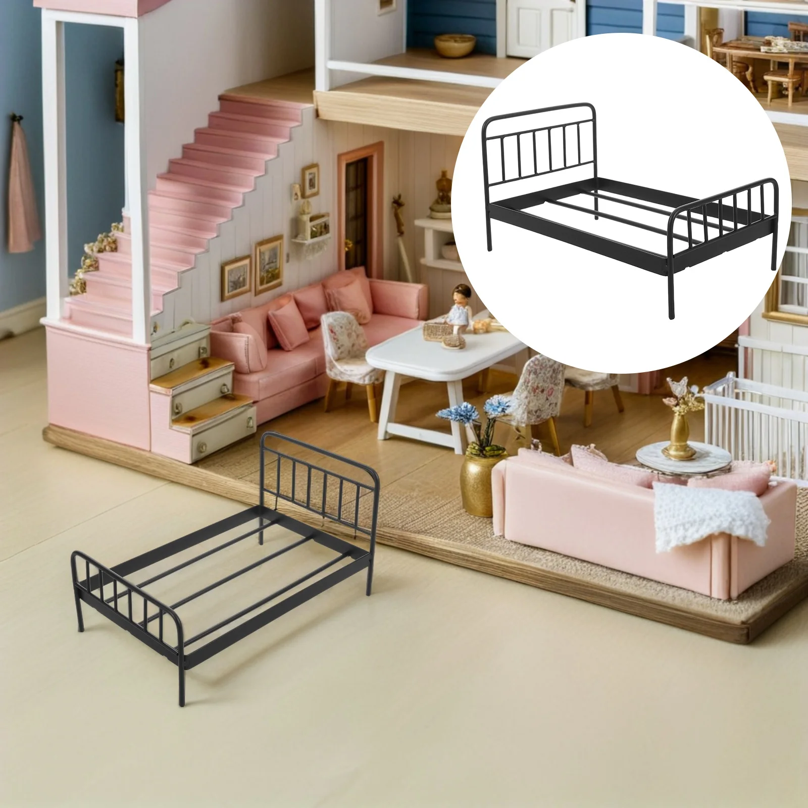 

Miniature Furniture Dollhouse Crib Decorations Baby Accessories Bunk Bed Iron
