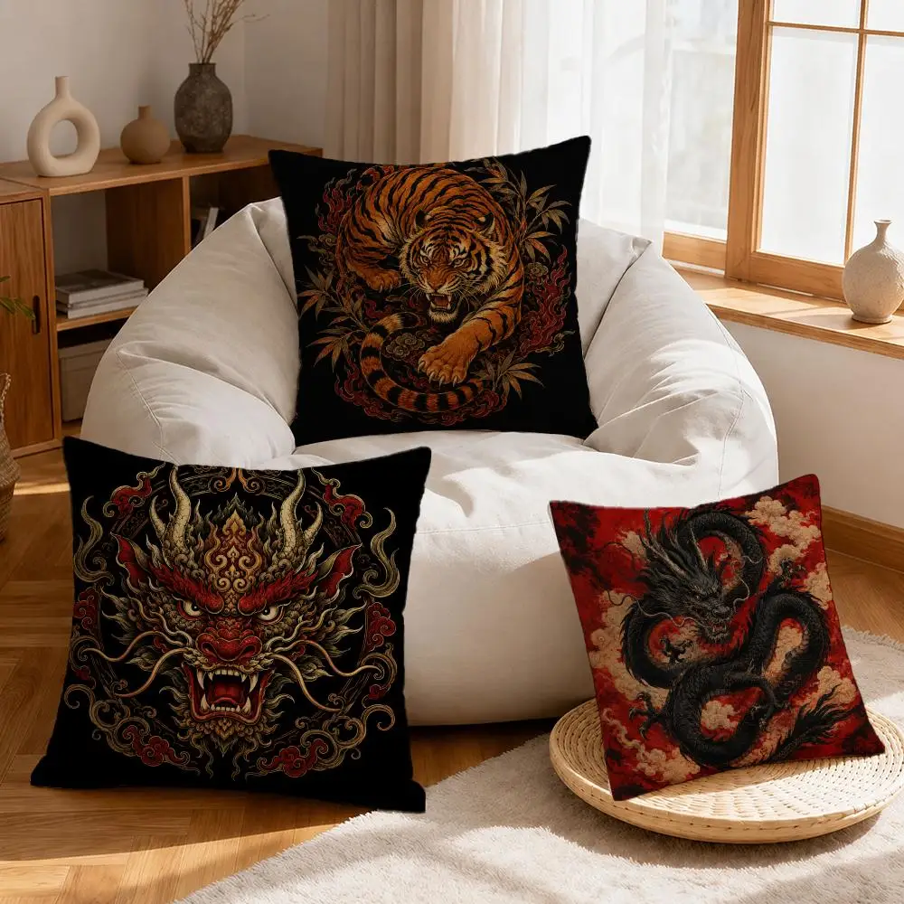 Art Blue and White Dragon Cushion Cover Linen Anti-Mite Antibacterial Cushion Cover Invisible Zipper Sofa Decor