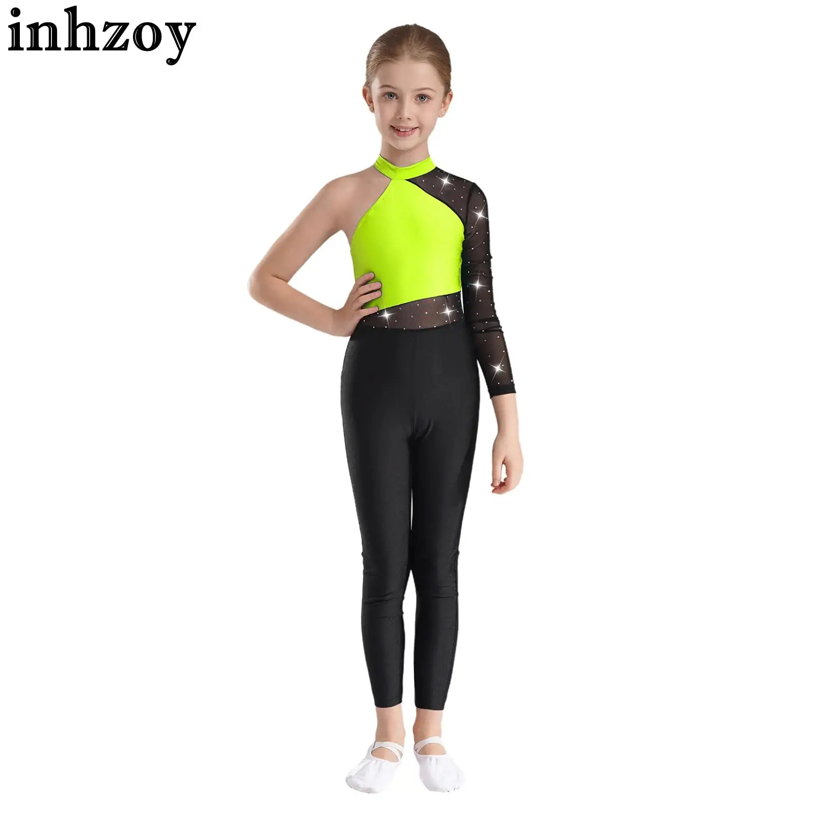 여아용 원 숄더 발레 댄스 체조 레오타드, 반짝이 라인스톤 피겨 스케이팅 곡예 요가 공연 점프수트