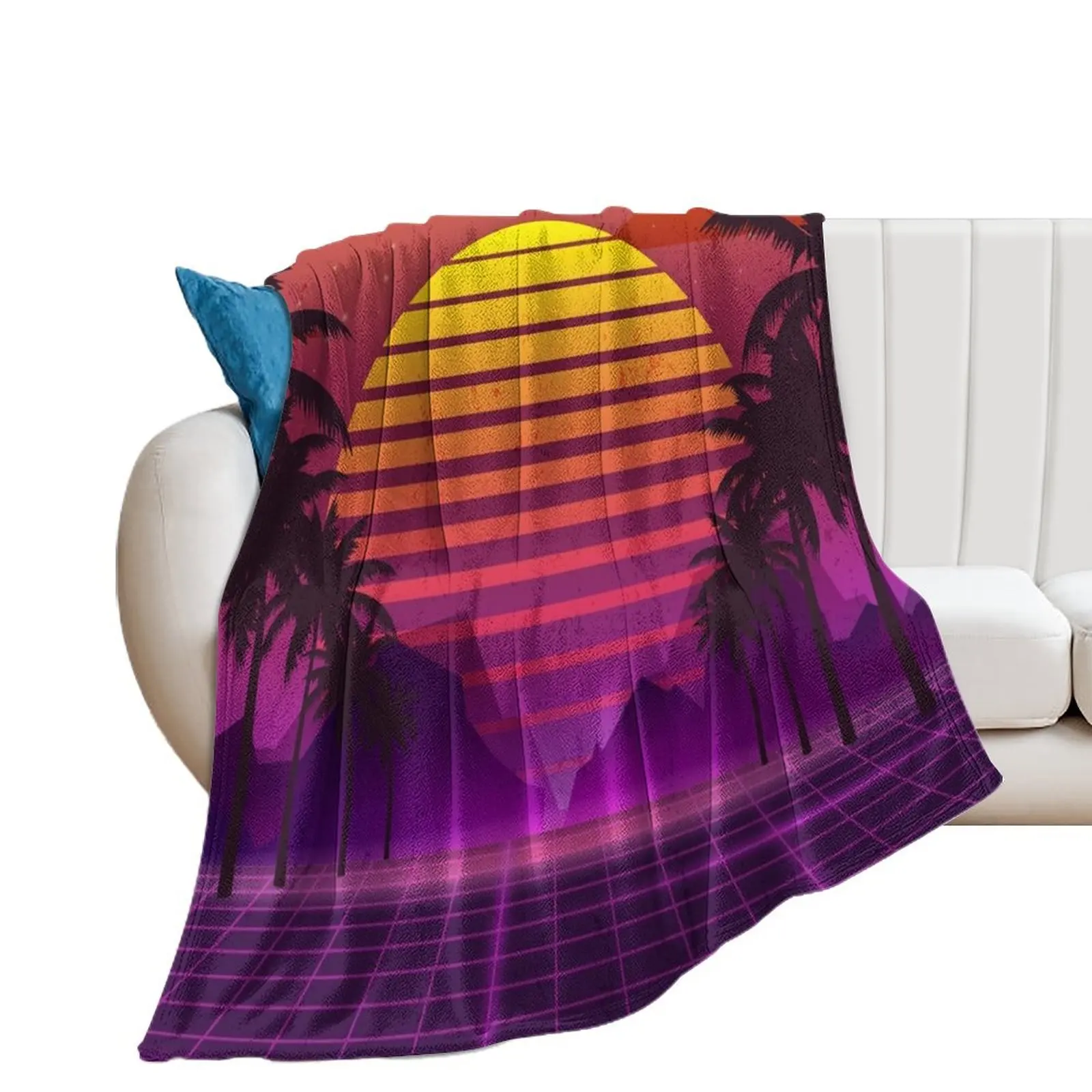 

80's Palm Trees Sunset Vaporwave Throw Blanket Heavy Decorative Beds Summer Blankets