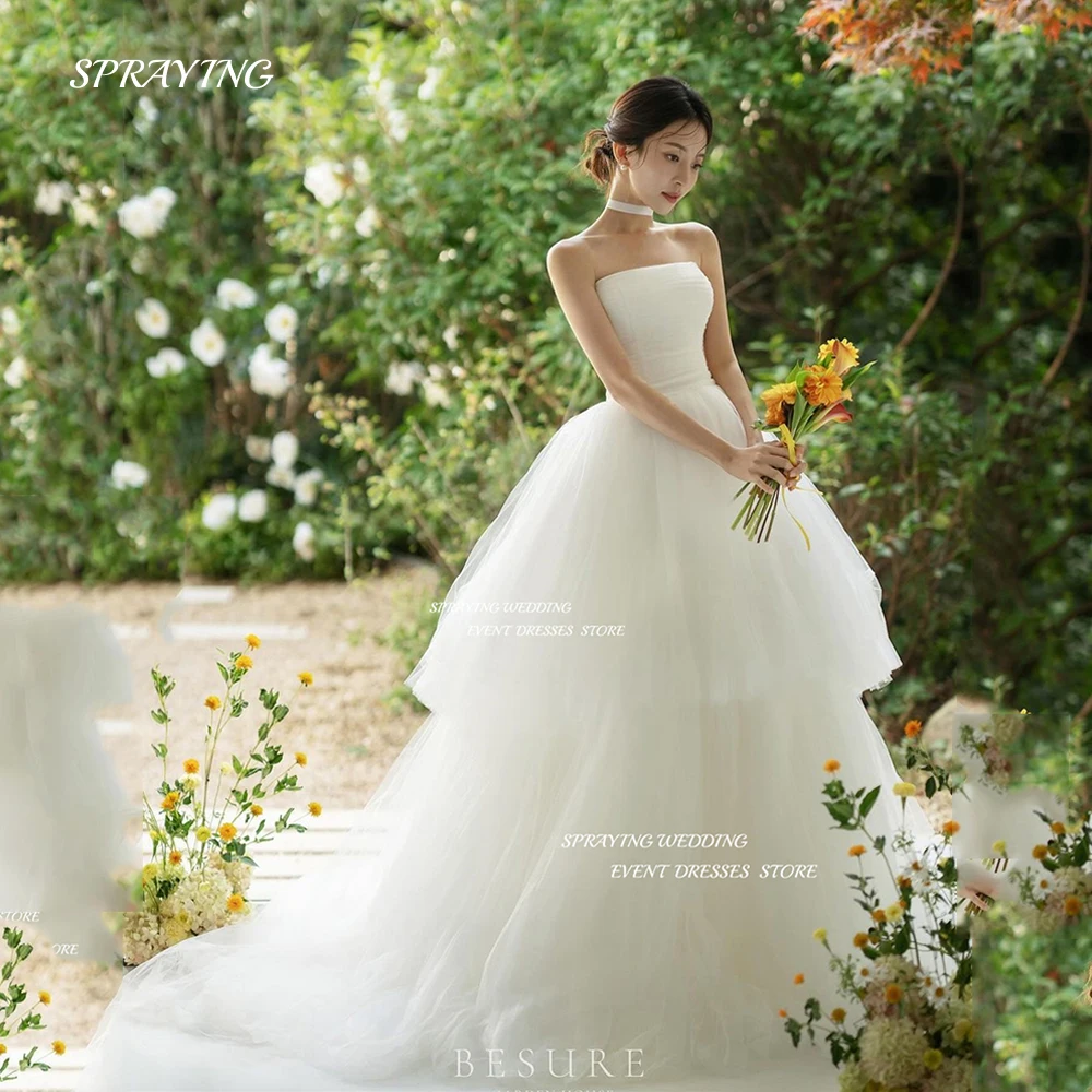 

SPRAYING Korea Wedding Dress Custom Made Bride Dress Ivory Strapless Soft Tulle 웨딩드레스 Floor Length