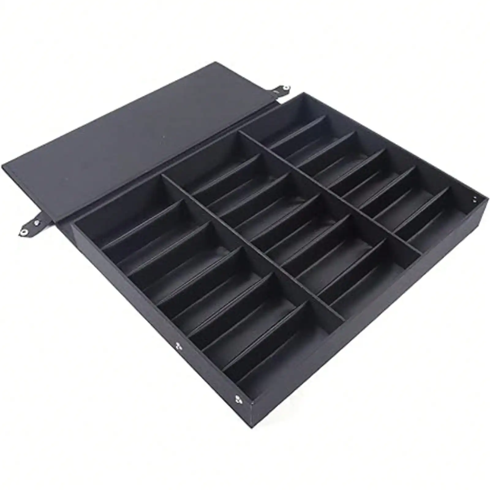18 Slot Sunglasses Organizer Box Modern Black Eyewear Storage Display Case Tray Faux Leather Fabric Lined Foldable Snap Lid Stand Dustproof Holder Unit For Dresser Closet Retail Store Countertop Fathers Day Gift