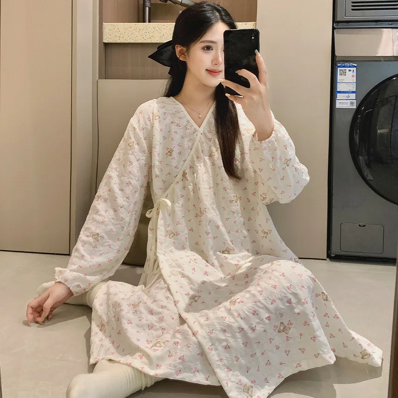 Summer Cloud Cotton Kimono Maternity Nursing NIghtgown Long SLeeve Breastfeeding Gown Loose Casual Maternity Check Up Dress