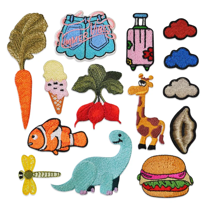 

50pcs/Lot Embroidery Patch Carrot Dinosaur Burger Suitcase Radish Cloud Dragonfly Lips Shorts Clothing Decoration Craft Applique