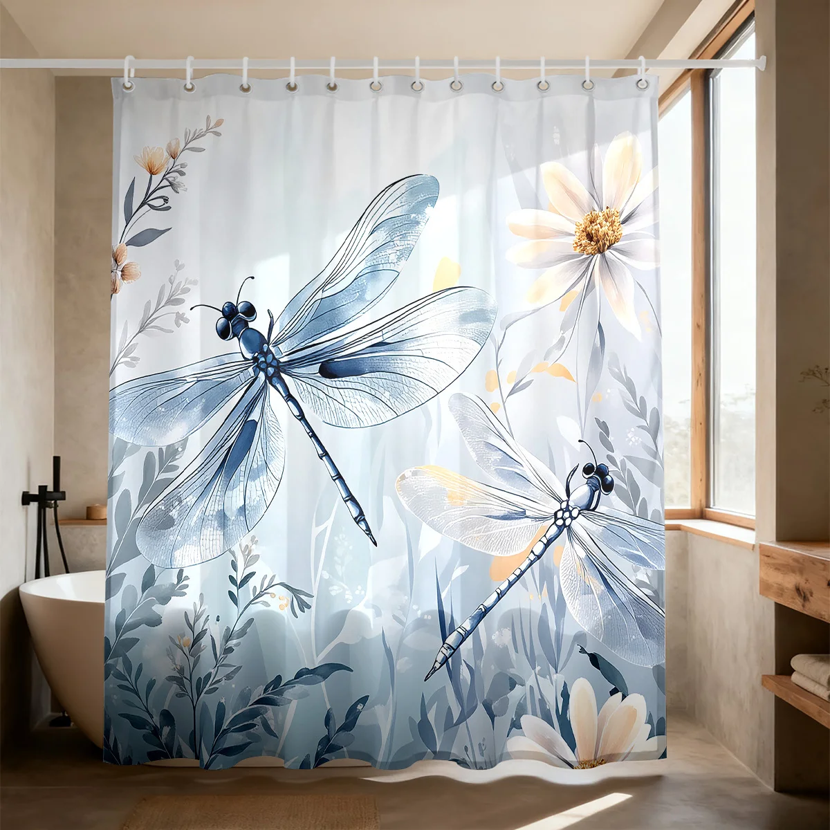 Large Dragonfly Floral Print Shower Curtain Waterproof Bathroom Decor Boho Botanical Nature Wall Liner 180x180cm