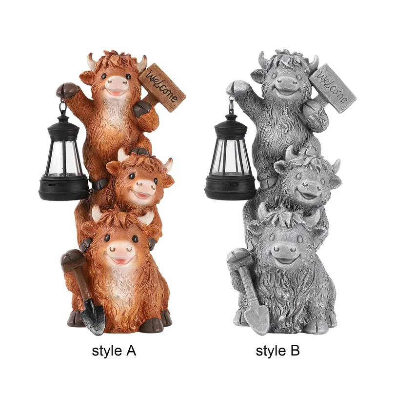 Solar Cow Lantern Resin Garden Statue Outdoor Auto On Off Warm LED Night Light Patio Lawn Yard Decor