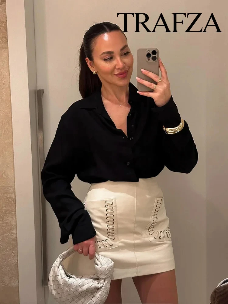 TRAFZA Minigonna estiva da donna a vita alta Tasca alla moda Decora gonna corta casual solida Donna elegante gonna sottile con cerniera laterale