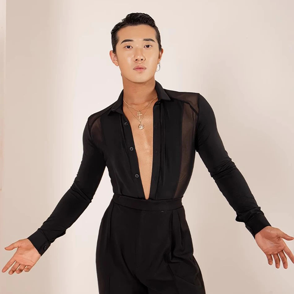 Long Sleeve and Button Design Tops Male Latin Dance Cloth for Men Ballroom Dance Samba Rumba Stage Performance Dancewear YD141