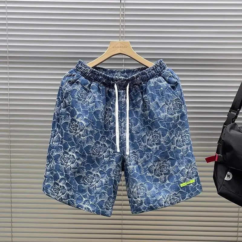 Summer 2025 New Design Floral Embossed Texture Denim Shorts Men's Fashion Casual Knee Length Loose Baggy Breathable Short Pants