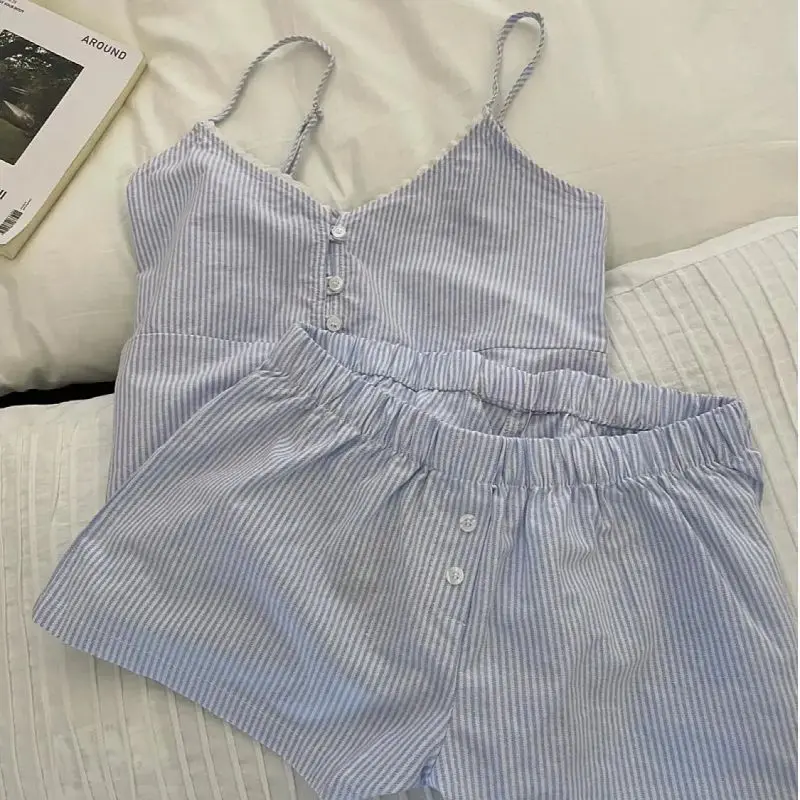New Women's Summer Outfit: Strappy Shorts with Chest Padding, Women's Summer Cloud Cotton Sweet Blue Striped Loungewear Set 4