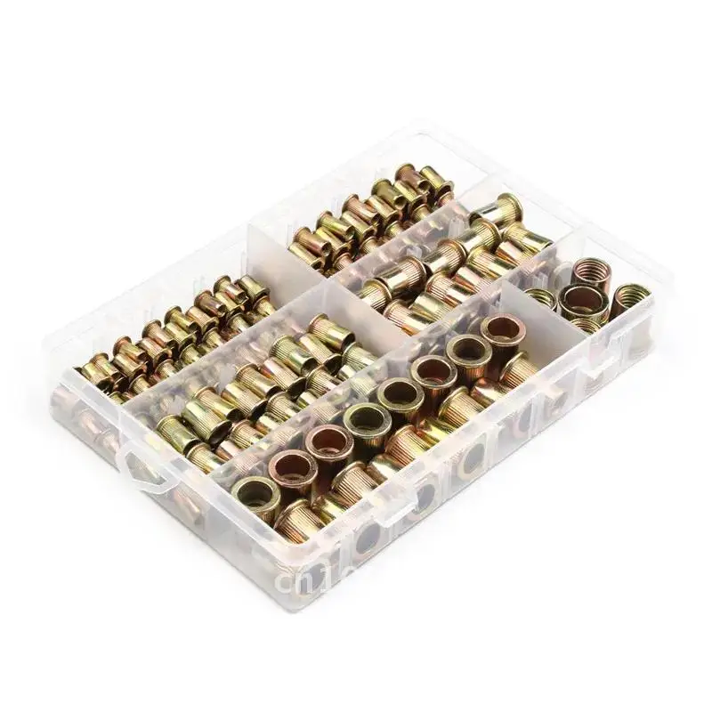 210/165/100 Uds caja tuercas de remache de acero al carbono M4 M5 M6 M8 M10 Hardware varios tamaños M12 tuercas de cabeza de remache juego de insertos de tuercas de remache planas