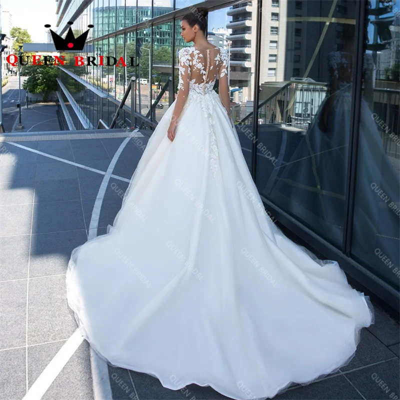 Long Sleeve Elegant Wedding Dresses Appliques Lace O Neck Floor-Length Bridal Ball Gowns Vestidos De Novia Custom Y37X