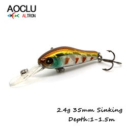 AOCLU Sinking Mini Minnow Crank 35mm 2.4g Wobbler Jerkbait Hard Bait Fishing Lure Diving 1.2m Bass Fresh Saltwater 14# Hook