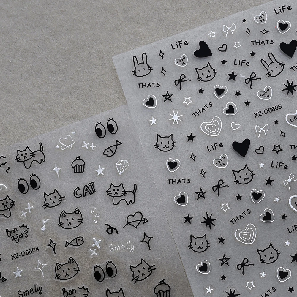 12 個漫画黒猫犬ネイルアートステッカーかわいい落書き動物猫犬粘着スライダー 3D スターハートちょう結びマニキュアデカール