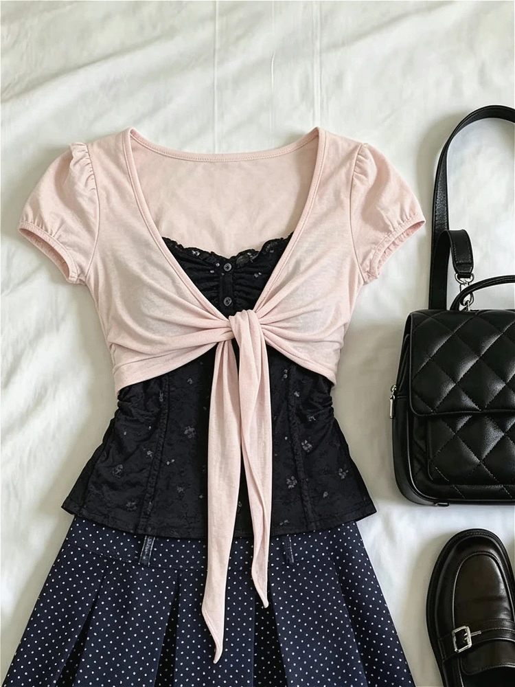 Ladies Retro Y2K Fairycore Aesthetic Tee Short Sleeve Slim 2000s Vintage Street Fashion Lightweight Daily Holiday Casual Tops