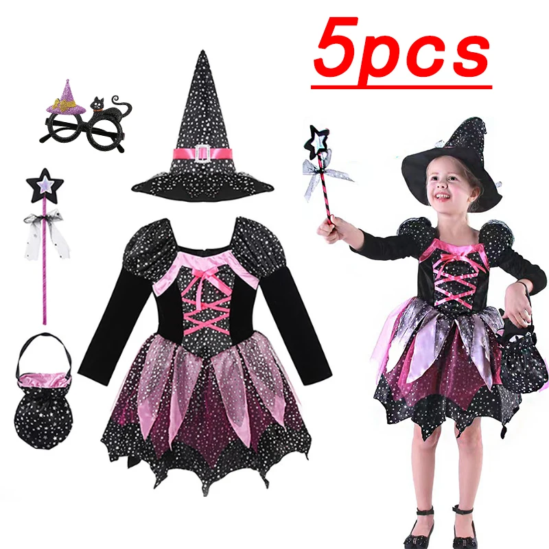 Halloween Girls Black‑Pink Star Witch Full Costume Set Dress Hat Wand Socks Necklace Kids Fancy Dress Party