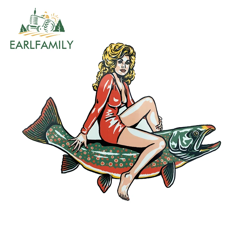 EARLFAMILY 13cm X 10.3cm for Woman Riding A Fish  Fishing Funny Car Stickers Cartoon Personality Decals Waterproof Car Goods