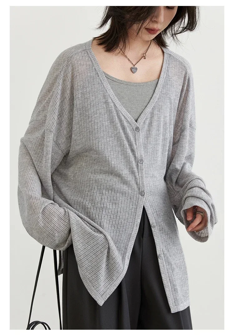 Korean Fashion Sheer V-Neck Cardigan, Lightweight Breathable Knit Top, Sun Protection Long Sleeve Jacket for Daily Outwear