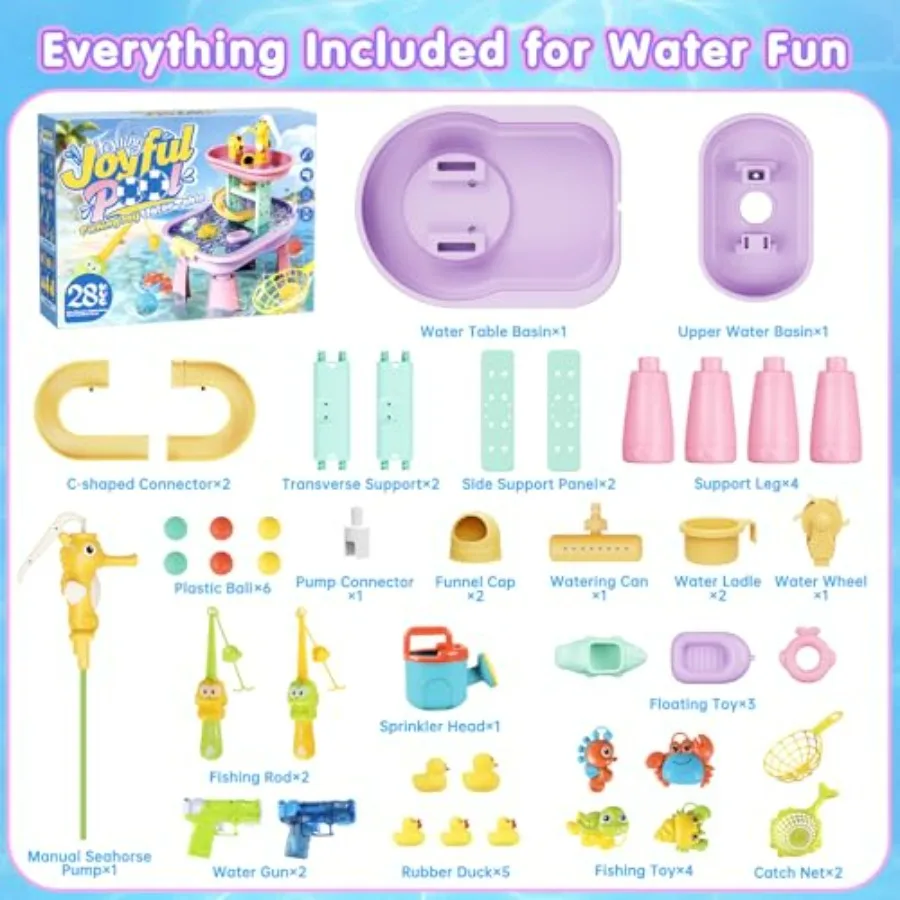 Outdoor sensory water play table for toddlers ages 3-8, BPA-free plastic, blue and yellow, includes 28PCS accessories and rain
