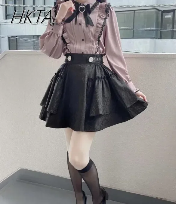 

Rojita Skirt Women Sweet Lolita Jacquard Ruffles Slimming Mini Skirt Women Japanese 2023 Autumn High Waist Black Pleated Skirt