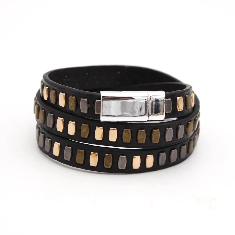 New Multilayer Punk Style Men Studded Leather Bracelet Unisex Gothic Rivet Wristband Rock Wide Strap Cuff Bracelet