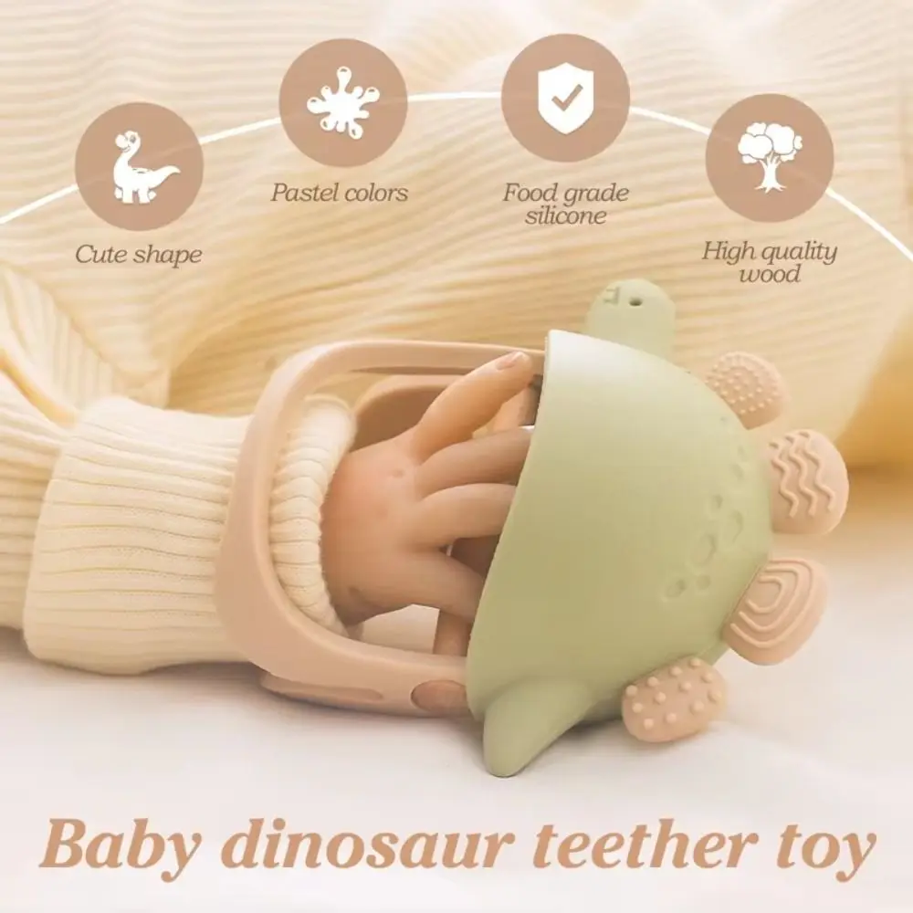 Food Grade Silicone Dinosaur Teether Wood Textured Surface Teething Pastel Colors Detachable Sensory Teether Infant Teething