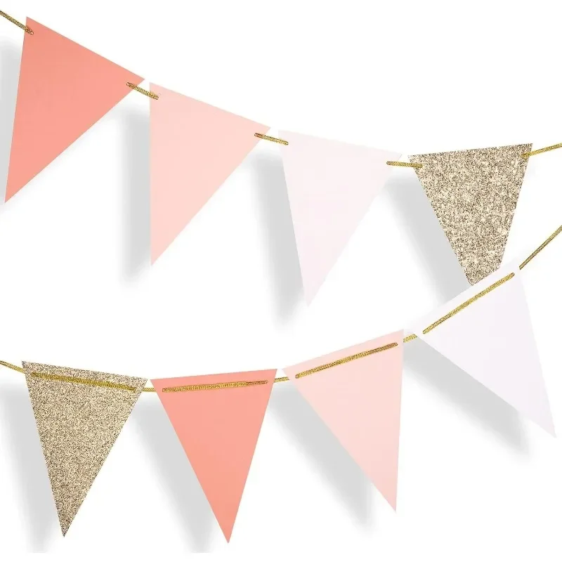 10ft Vintage Pennant Banner Rose Gold Pink Party Decorations Paper Triangle Flags Bunting for Boho Baby Shower Girl Room Nursery