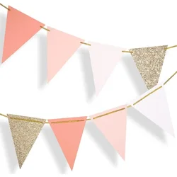 10ft Vintage Pennant Banner Rose Gold Pink Party Decorations Paper Triangle Flags Bunting for Boho Baby Shower Girl Room Nursery