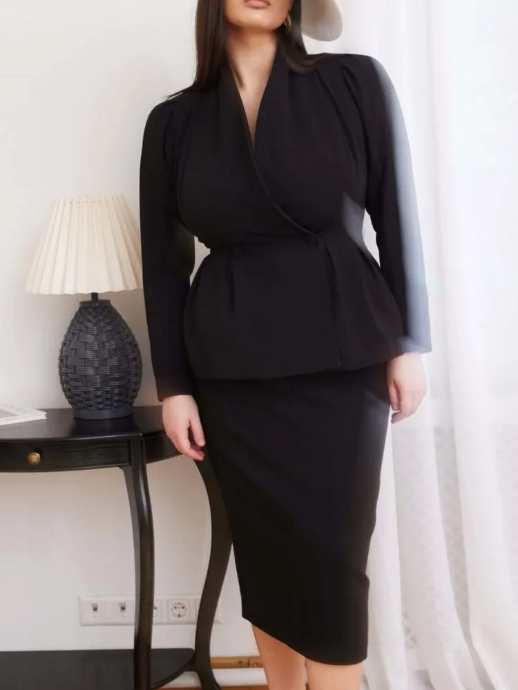 Autumn New Fashion Solid Color Button Puff Sleeve Skirt Two-piece Set Women's Elegant V-neck Long-sleeved Dress Dress Set