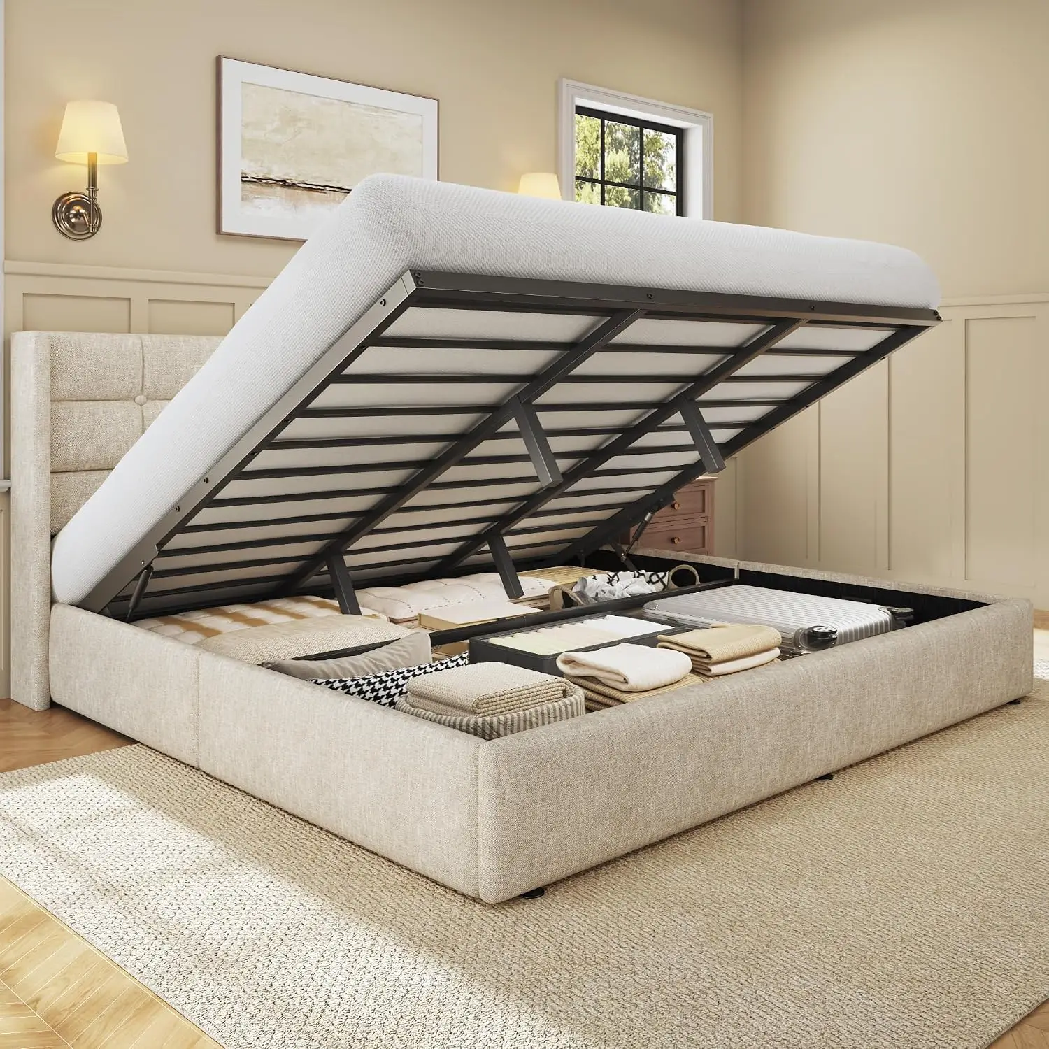King Size Lift Storage Bed Frame, Linen Upholstered Platform Bed with Wingback Headboard, Hydraulic Gas Lift Under Bed Storage Space, Reinforced Metal Slat Support, Quiet Stable Bedroom Furniture, Beige