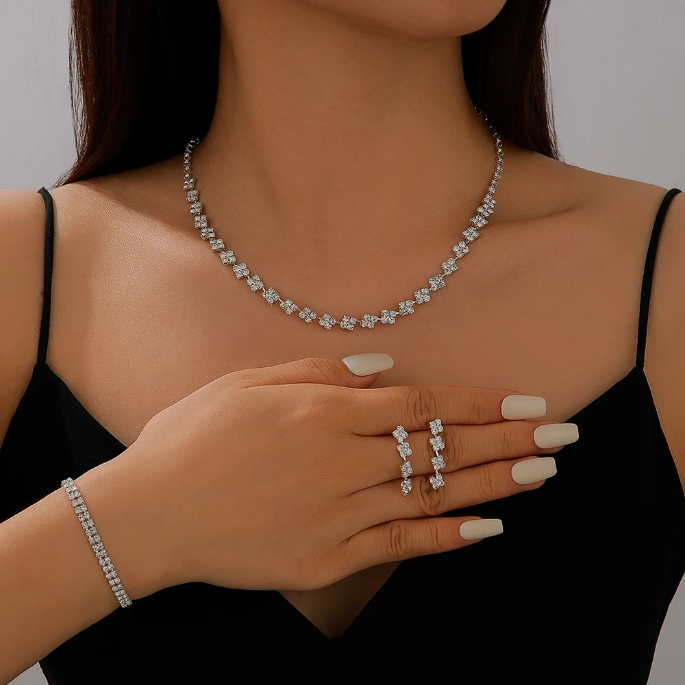 Серебряный свадебный комплект украшений с ожерельем, сережками и браслетом со стразами — коллекция для свадьбы и вечеринок